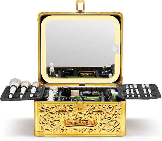 Qislee Makeup Box with Detachable Magnetic LED Mirror, Travel Train Case | Makeup Organizer, Cosmetic Travel Bag for Women, Adjustable Dividers, Brush Slots, Skincare Storage, Portable, Bling Gold by Qislee