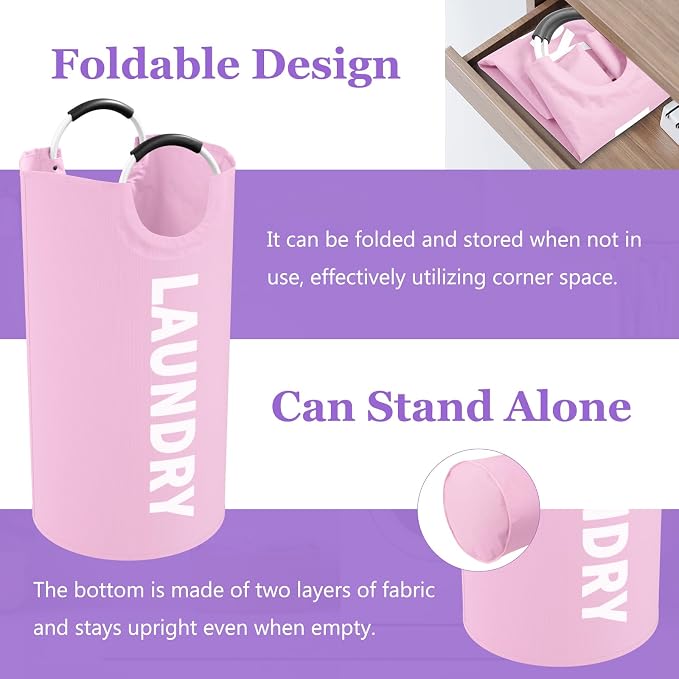 95L Large Laundry Basket with Handles, Foldable Clothes Hampers Stand Up Well, Waterproof Dirty Clothes Hamper, Rugged Laundry Basket for Flat, Dorm, Hotel, Pink - Image 4