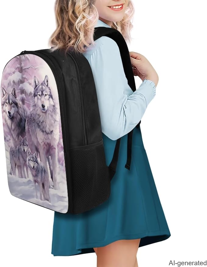 Wolf Backpack for Girls Kids Backpack with Lunch Box Water Bottle Carrier and Soft Pencil Case 4PCS Set Bookbag with Compartments for School 17 inch Large Capacity School Bag and Side Pocket - Image 2
