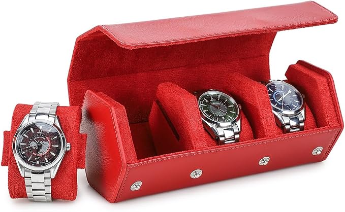 Hiram Genuine Leather Hexagon Watch Roll Travel Case, Leather 3-Watches Roll Case with Removable Pillow Cushion for Treasured Watches and Bracelets -Red by Hiram