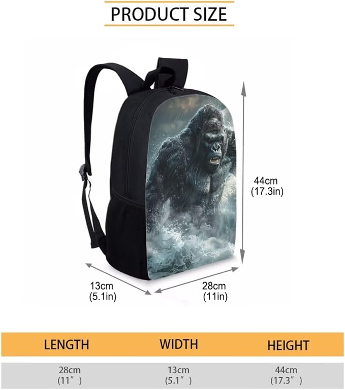 17 Inch Animal Print School Backpack And Lunch Box Set for Kids Lightweight Stormy Sea Gorilla Backpack for Boys Girls Sturdy School Bag with Insulated Lunchbox Pencil Case Student Bookbag - Image 7