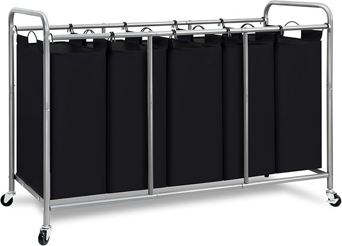 STORAGE MANIAC 5 Section Laundry Sorter, 5 Bins Rolling Separator Laundry Basket, Dirty Clothes Hamper Divider with Heavy Duty Lockable Wheels, Large Clothes Organizer Cart, Black by STORAGEMANIAC