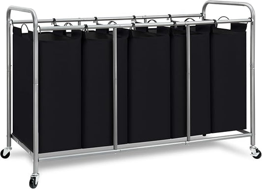 STORAGE MANIAC 5 Section Laundry Sorter, 5 Bins Rolling Separator Laundry Basket, Dirty Clothes Hamper Divider with Heavy Duty Lockable Wheels, Large Clothes Organizer Cart, Black by STORAGEMANIAC
