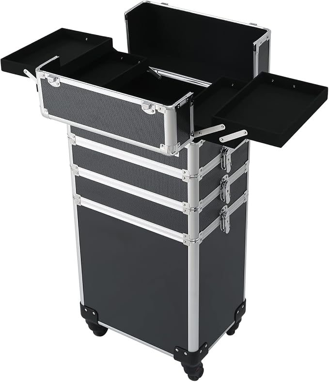 Karl home 4 in 1 Makeup Train Case Rolling Cosmetic Trolley Large Capacity Travel Organizer with Key 360°Swivel Wheels Suitcase for Beauticians Hairstylists Nail Tech Students, Black - Image 7