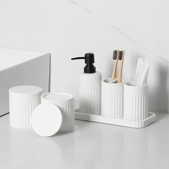 INIUNIK Bathroom Accessory Set - 6 Pieces Bathroom Accessories Set Complete with Soap Dispenser, Toothbrush Holders, Tumbler, Vanity Tray and 2 Qtip Holder for Home Organizer and Decor, White - Image 2