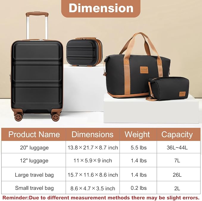Kono Luggage Set 4 Piece Carry On Hardside Luggage with Spinner Wheels | Lightweight PC+ABS Carry On Suitcase with TSA Lock Apricot Black - Image 6