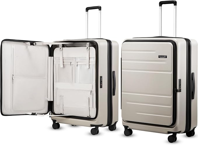 LUGGEX Checked Suitcase with Spinner Wheels, FLO5 Top Opening Expandable Polycarbonate Hard Shell Suitcase with TSA Approved Lock (FX-Core, Beige, 28 Inch) by LUGGEXLUGGAGE