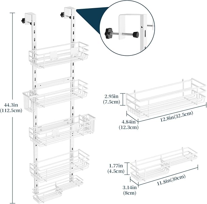 Consumest Over The Door Shower Caddy - 5 Tier Adjustable Shower Organizer Hanging with 2 Toothbrush Holders & 4 Hooks, Rustproof Organizer Shelf, Storage Rack for Bathroom, White - Image 8