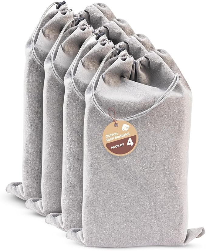 LFH Cotton Rich Shoe Storage Bags with Drawstring, Dustproof Breathable Reusable Organizer, Perfect For Travel, Dorm, Hotel, College, Gym, Easy to Carry, Machine Washable 8"x17" (Pack of 4) - Grey by LFHHomePrivateLimited