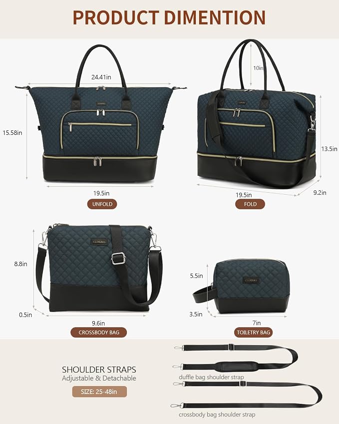 Weekender Bags for Women Travel, Under Seat Carry On Bags for Airplanes Overnight Bag with Shoe Compartment Luggage Sleeve, Foldie Travel Tote Bag Hospital Bag, Travel Gifts, PeacockBlue Black - Image 3