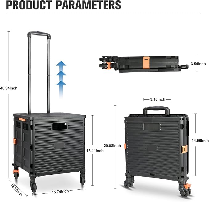 Foldable Utility Cart,Rolling Crate Heavy Duty Shopping Cart with 360° Silent Wheel with Brake System,55L Capacity,Transport Weight up to 177 Pounds,Travel Shopping Moving Luggage Office Use - Image 8