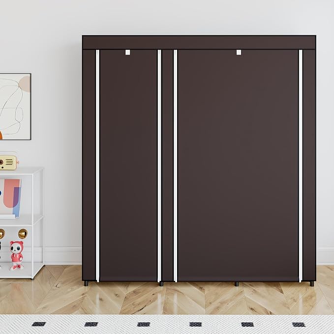 SORCEDAS Portable Wardrobe Closet Storage Organizer Metal Hanging Rack Non-Woven Fabric (Coffee, 51 Inch) - Image 4