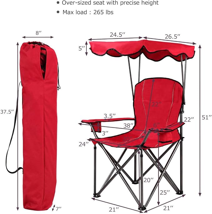 COSTWAY Portable Camping Chair with Canopy, Outdoor Lawn Chair with Shade, Carry Bag, Cup Holder, for Travel, Picnic, Beach (Red) - Image 3