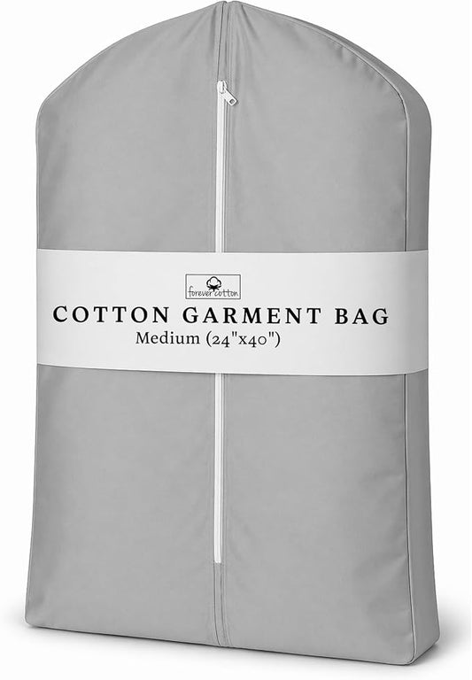 Premium 100% Cotton Garment Bags – 40" Gray Canvas Suit Cover with YKK Zipper – Breathable, Dust-Proof Storage for Suits, Coats, Dresses, Jackets & Travel/Closet Use by ForeverCotton