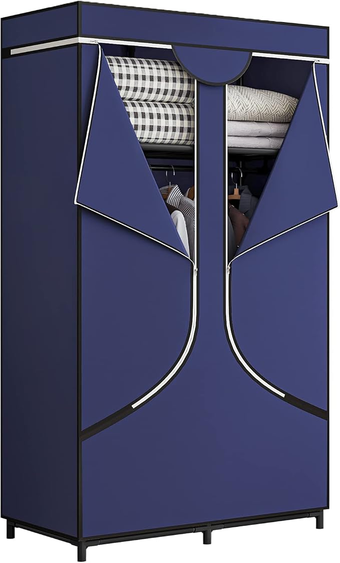 SORCEDAS Portable Wardrobe Closet Storage Organizer Metal Hanging Rack Non-Woven Fabric 34 Inch Coffee (34 Inch, Blue) by SpecialYourHome