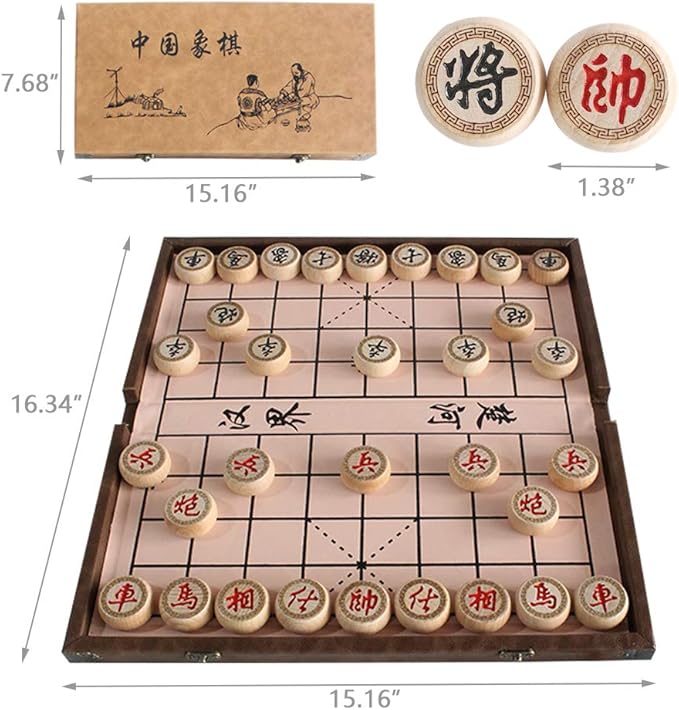 15 inch Chinese Chess Set with PU Leather Foldable Board Xiangqi Portable Chinese Chess Game Set Strategy Xiang Qi Board Games for 2 Players for Adults Family