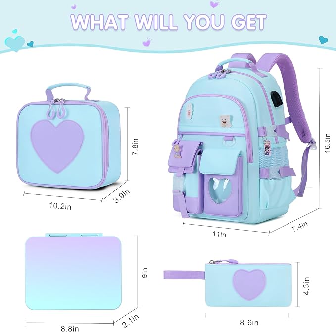 ACESAK Girls Backpack - Bento Box with Insulated Lunch Bag Pencil Case & Utensils Set for Kids, 6 Leakproof Compartments Removable Tray Lunches or Snack Container for School (Blue Purple) - Image 2