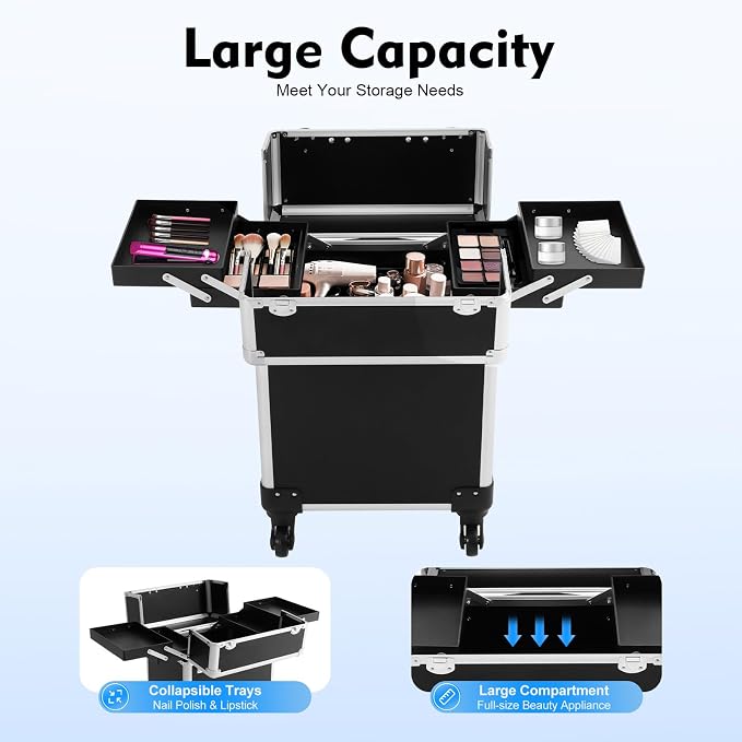 Professional Makeup Train Case, Aluminum Cosmetic Case with Silent Wheels, 4 Folded Tray & Retractable Pull Rod, 13.2Lbs Capacity Rolling Makeup Trolley Case for Travel Makeup/Nail Art/Hair Styling - Image 3