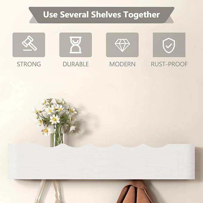 Wall Mounted Coat Rack with Shelf, Wooden Entryway Organizer with Hidden Metal Hooks for Hanging Coats Bags Keys, Modern Floating Shelf for Hallway Bathroom - Image 3