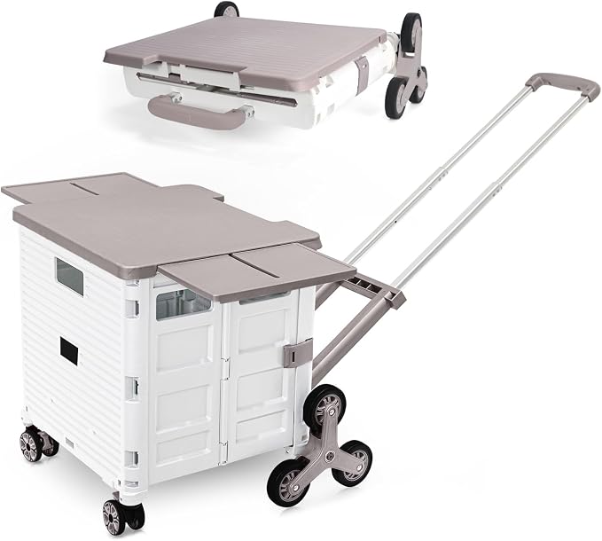 Foldable Utility Cart Portable Crate Rolling Dolly with Telescopic Handle,Can be Pulled diagonally, Magnetic Retractable Lid, 360°Swivel Climbing Wheels for Shopping Carrying Groceries Move White by FELICON
