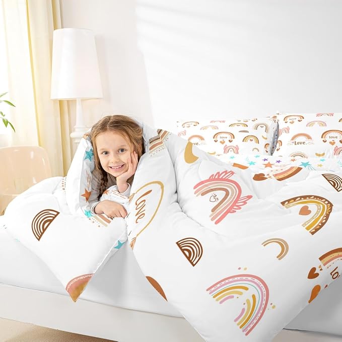 Kids Rainbow Duvet Insert, Kawaii Decor Comforter Set Queen For Kids Girls Boys, Cartoon Love Heart Bedding Set Cloud And Moon Hand Drawn Duvet Sets Soft Microfiber Comforter + 2 Pillow Cases - Image 6