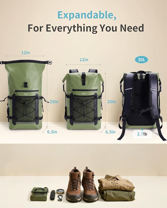 ECOHUB Waterproof Backpack for Women Men, 30L Roll-Top Closure Heavy Duty Dry Bag for Travel with IPX8 Waterproof Phone Case - Image 4