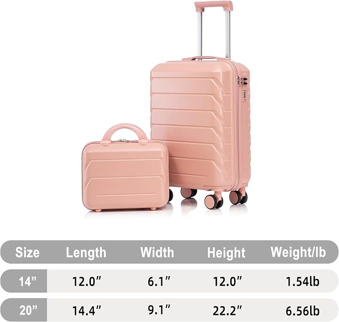 Gradient Color Suitcase 2-Piece Set, 20" Rotating Wheel Suitcase with 14" Cosmetic Case, Lightweight Durable Hardshell Luggage with 360° Spinner Wheels for Travel, Women & Girls (Pink) - Image 9
