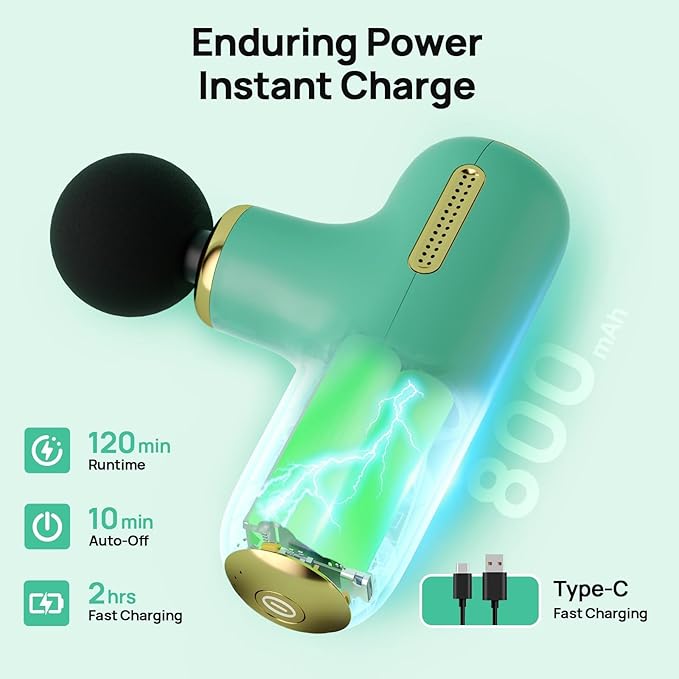 Super Mini Massage Gun Deep Tissue, Muscle Massager with 5-Speed & 4 Heads, Portable Handheld Massager Quiet for Home, Gym, Travel, Office, Gift for Men & Women, Athletes, Green