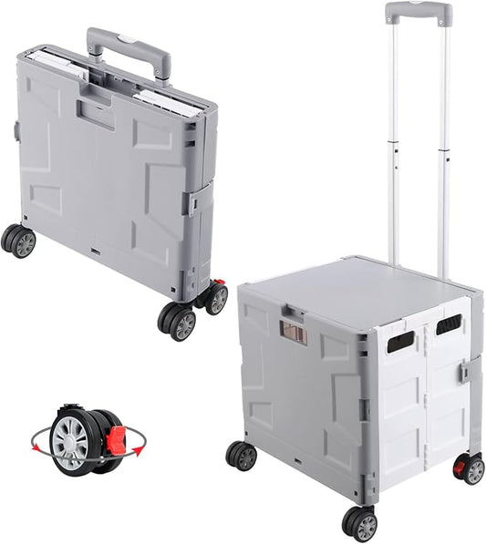 FELICON Folding Utility Cart Rolling Crate Handcart Basket Tote-Gray+White | Collapsible Hidden Lid,Plastic Box,Telescoping Handle,4 Rotate Wheels for Travel Shop Move Grocery Laundry Office Teacher Use by FELICON