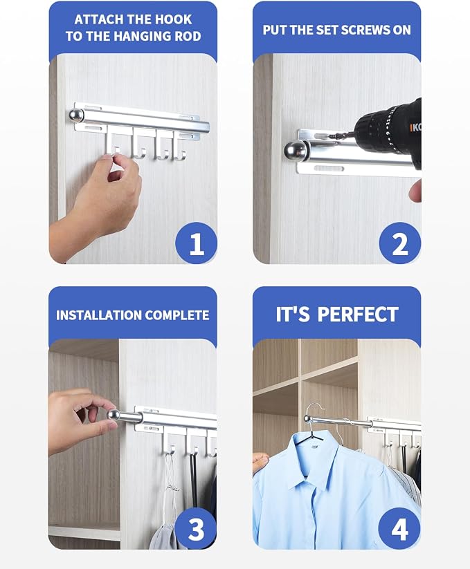 BaiNong Valet Rod for Closets Pull Out 12" Silver with 4 Hooks | Closet Valet Rod Slide Out for Closets, Laundry Rooms, RVs Space-Saving - Image 3