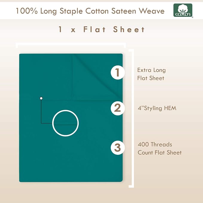 Pizuna Pure 100% Cotton Flat Sheets Only Full Teal Green (1 PC), Luxurious 400 Thread Count Long Staple Cotton Sateen with 4inch Hem (Combed Full Flat Sheet Only Cotton) - Image 3