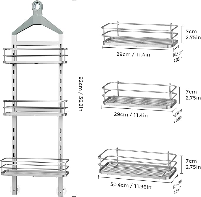 ODesign 3 Tier Adjustable Shower Organizer Hanging Over Head Silver | Shower organizer hanging,no drilling required,comes with removable hook and storage box, suitable for indoor showers - Image 9