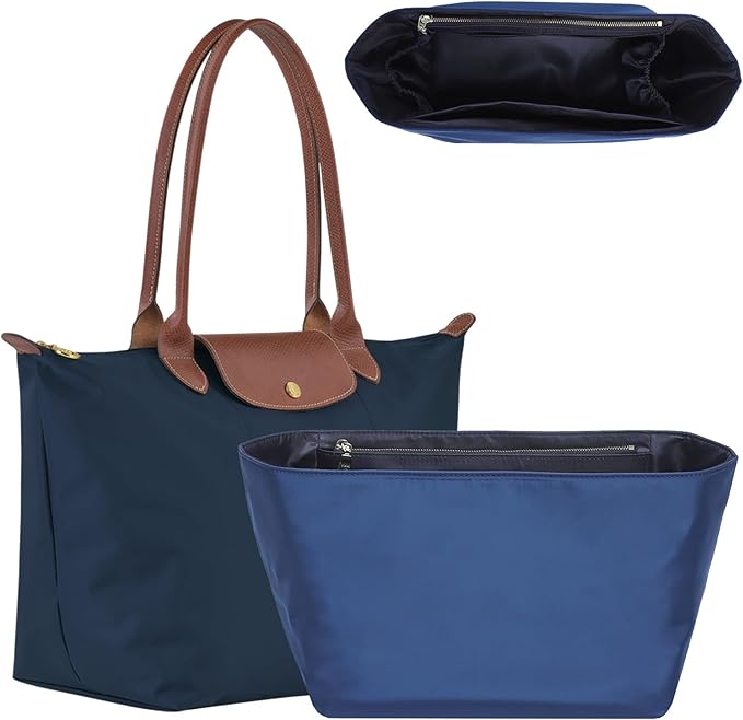 Soft Nylon Purse Organizer Insert for Longchamp Le Pliage L Tote Bag,Lightweight Luxury Long Champ Large Tote Divider Shaper with Cup Holder,Bags Inner Linner with 7 Deepened Pockets,L/Navy Blue by OAIKOR