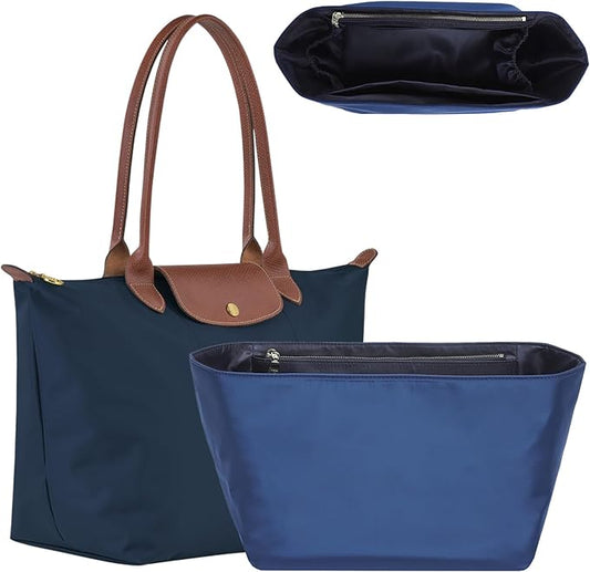 Soft Nylon Purse Organizer Insert for Longchamp Le Pliage L Tote Bag,Lightweight Luxury Long Champ Large Tote Divider Shaper with Cup Holder,Bags Inner Linner with 7 Deepened Pockets,L/Navy Blue by OAIKOR