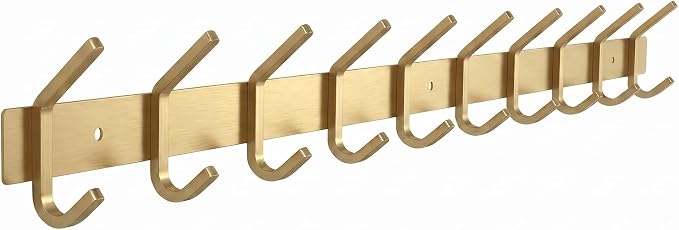 Brushed Gold Wall Mounted Coat Rack – 30 Inch Stainless Steel Rail with 10 Double Coat Hooks for Entryway, Bathroom, Bedroom, Kitchen – Modern Gold Hook Rack for Coats, Hats, Towels by SAYONEYES