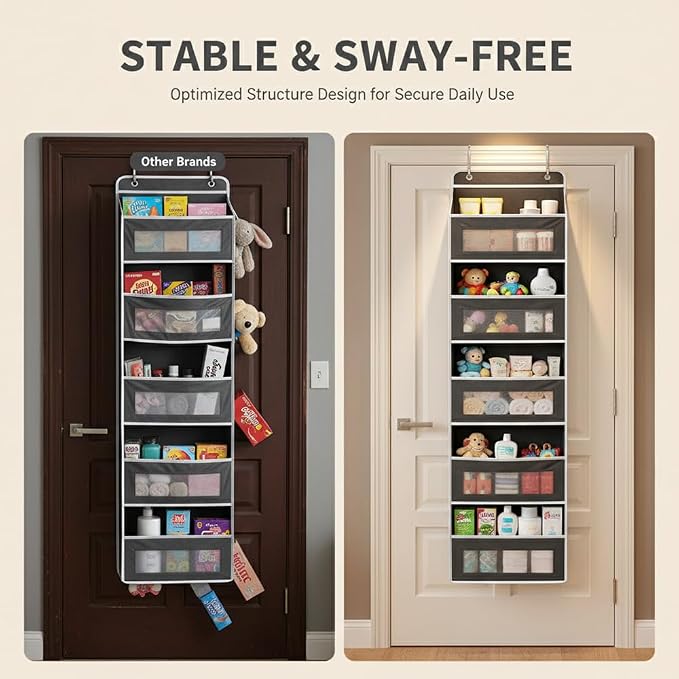SakerPlus Five Tier Over The Door Organizer, Hanging Door Storage Organizer with Clear Windows and Side Pockets, Behind Door Storage for Bedroom Bathroom Pantry Nursery Closet (Black) - Image 6