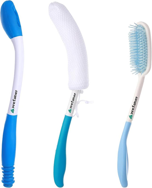 Toilet Aids Set for Wiping - Long Handle Butt Wiper, Anti-Slip Curved Handle Bath Body Brush and Curve Hair Brush for People Overweight, Elderly and Disabled People（3PCS Personal Hygiene Kit)