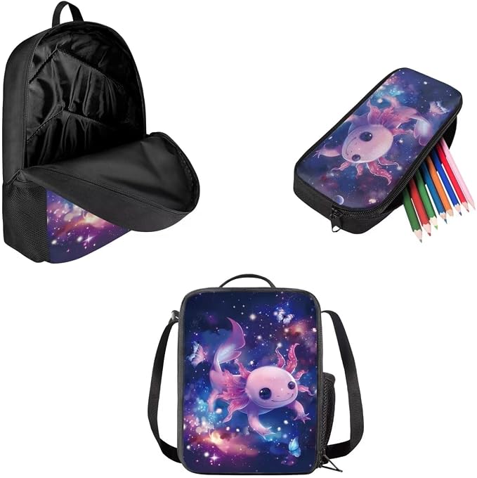 Mumeson Casual Backpack Kids Bookbags Shoulder Bag Set,Axolotl Print Casual Daily Daypack 3 in 1 Backpack Insulated Thermal Lunch Bag Tote Bag Pencil Stationery Storage Pouch Pencase - Image 2