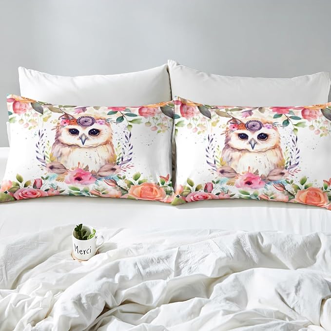 Girls Cute Cartoon Animal Owl Print Duvet Cover Queen Size - 3 Pcs Bedding Set With Pink Flower Branch Spring Theme 3D Watercolor Owl Comforter Cover - Image 5