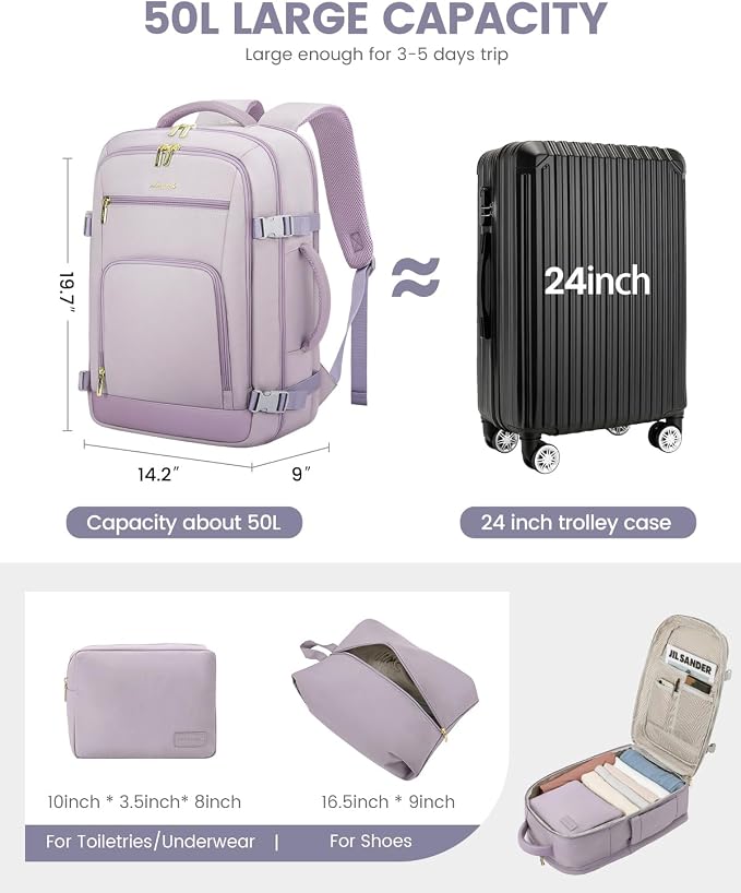 LOVEVOOK Travel Backpack For Women Flight Approved, 50L Large Carry On Backpack For Airplanes, Personal Item Travel Bag, Waterproof 18 Inch Laptop Backpack For Business Weekender Overnight, 4Pcs Set - Image 3