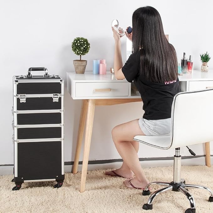 Topeakmart 4-in-1 Cosmetology Case on Wheels Lockable Makeup Trolley Black | Reinforced with aluminum trim and steel corners, this rolling makeup train case organizes and locks supplies anywhere - Image 2