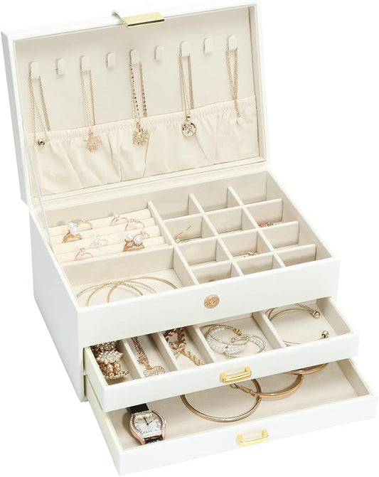 Jewelry Organizer Box, Women Jewelry Box 3 Layers with 2 Drawers, Large Jewelry Organizers Jewelry Boxes Display Earring Necklace Watch Bracelet and Rings, White by V-LafuyJewelryBox