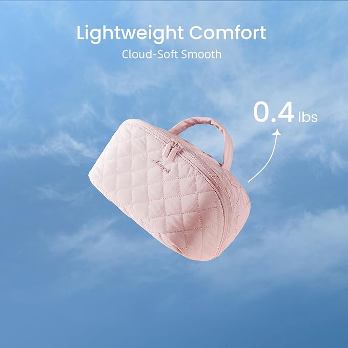 LOVEVOOK Travel Makeup Bag for Women, 2Pcs Puffer Waterproof Cosmetic Organizer, Large Capacity Pouch Open Flat Small Toiletry Bag with Brush Compartment & Handle (Pink-Checkered, Medium) - Image 5
