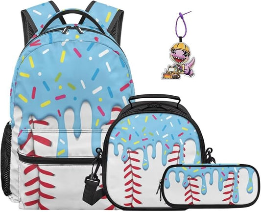 Sweet Ice Cream Drip Baseball Backpack Set – Lightweight 4-Piece School Bag with Lunch Box, Pencil Case & Dinosaur Charm, Cute Bookbag for Girls 3rd 4th 5th Grade Sporty Backpack by Dremagia