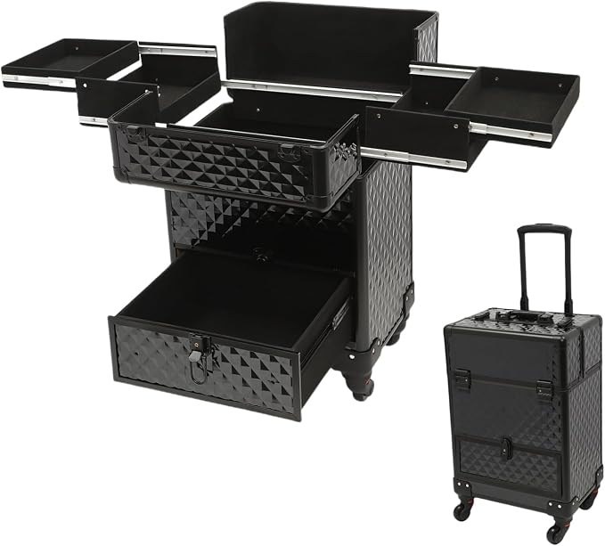 Rolling Makeup Case Cosmetic Train Cases 4 Tray with Sliding Rail Rolling Makeup Cart Cosmetic Trolley 3 Tier Travel Case Salon Barber Case for Makeup Tattooist Nail Tech Hairstylists by Titunjian
