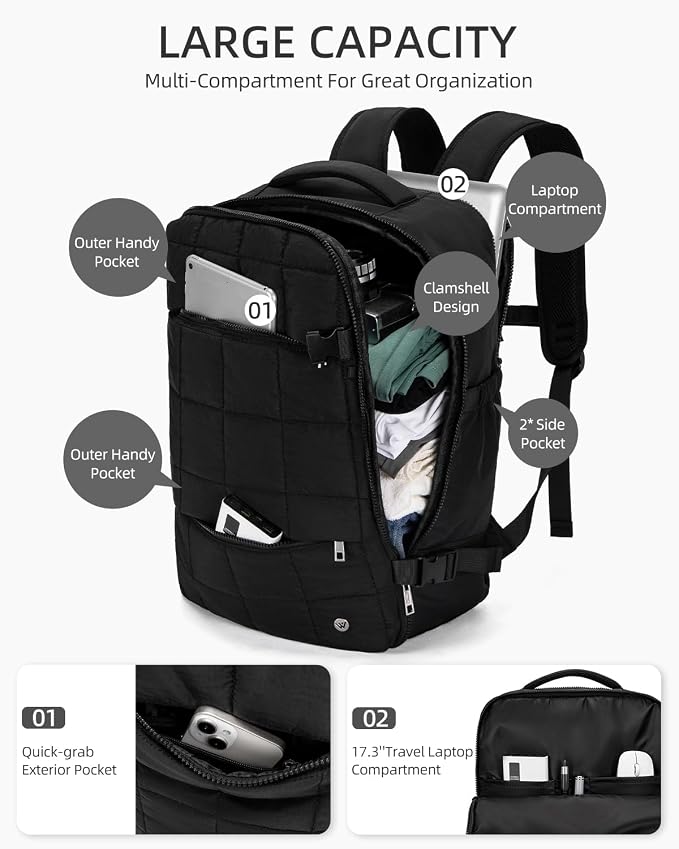 WESTBRONCO Travel Laptop Backpack for women 17.3 inch Travel Backpack Carry on Flight Approved Puffy Weekender Bags for Women - Image 2