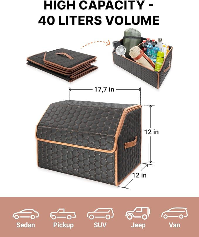 Owleys Sedan Trunk Organizer 17.7" Storage Tote For Groceries, Tools & Travel Gear - Foldable Eco-Leather Car Crate With Magnetic Lid | Stylish Presents For Drivers | Black-Brown (Hexy 17) - Image 4