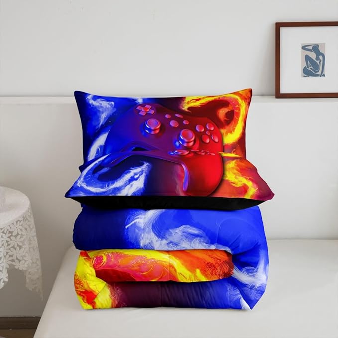 Ice Fire Dragon Comforter Set for Boys Teens Kids Gamer Games Room Decor Bedding Set Blue Red Gaming Gamepad Down Comforter ,Fairy Tale Animals Theme Room Decor 2Pcs Duvet Insert King Size,Soft - Image 6
