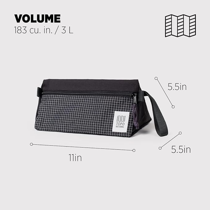 Topo Designs Dopp Kit - Travel Bag for Personal Care Essentials, Self Standing Triangular Shape, Fully Lined for Easy Cleaning, Recycled Nylon (Black/Grid) - Image 3