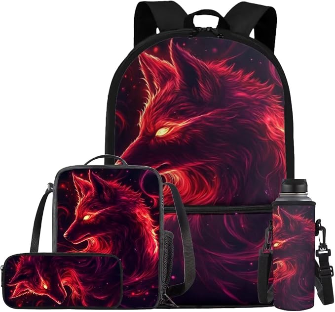 Galaxy Wolf Backpack for Girls Boys Backpack with Lunch Box Water Bottle Holder and Soft Pencil Pouch 4PCS Set 17 inch Bookbag with Front Pocket Large School Bag for Kids Back to School by ELEDIZI